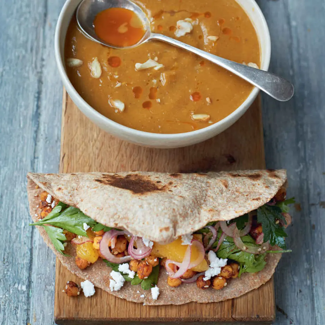 COSY SQUASH SOUP  CHICKPEA SALAD FLATBREADS