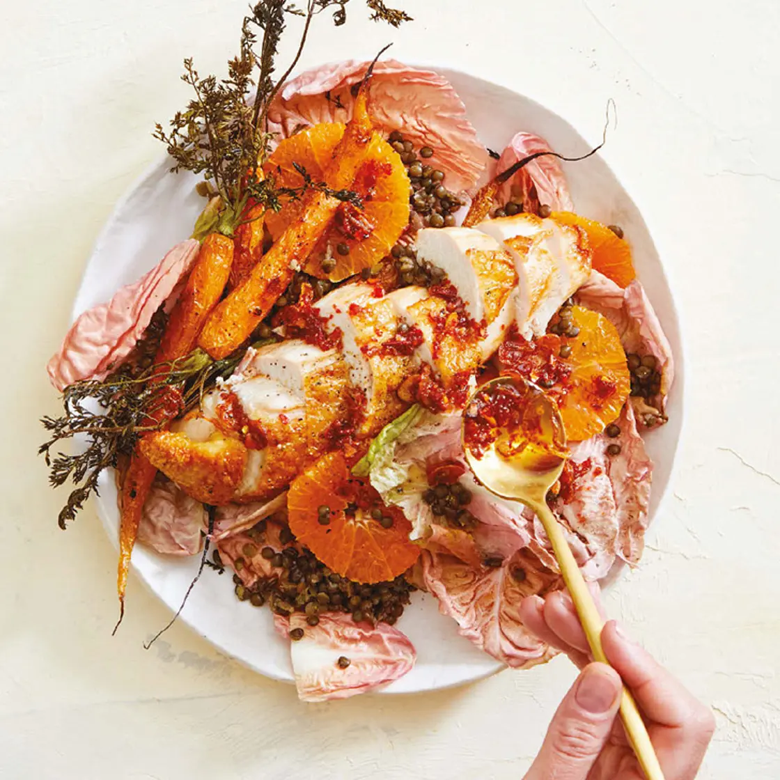 roasted chicken and carrots with lentils and chili crisp