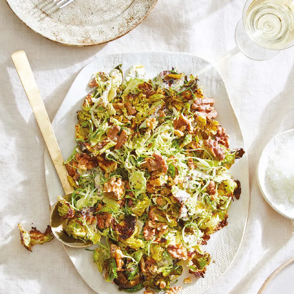 raw and roasted caesar brussels sprouts