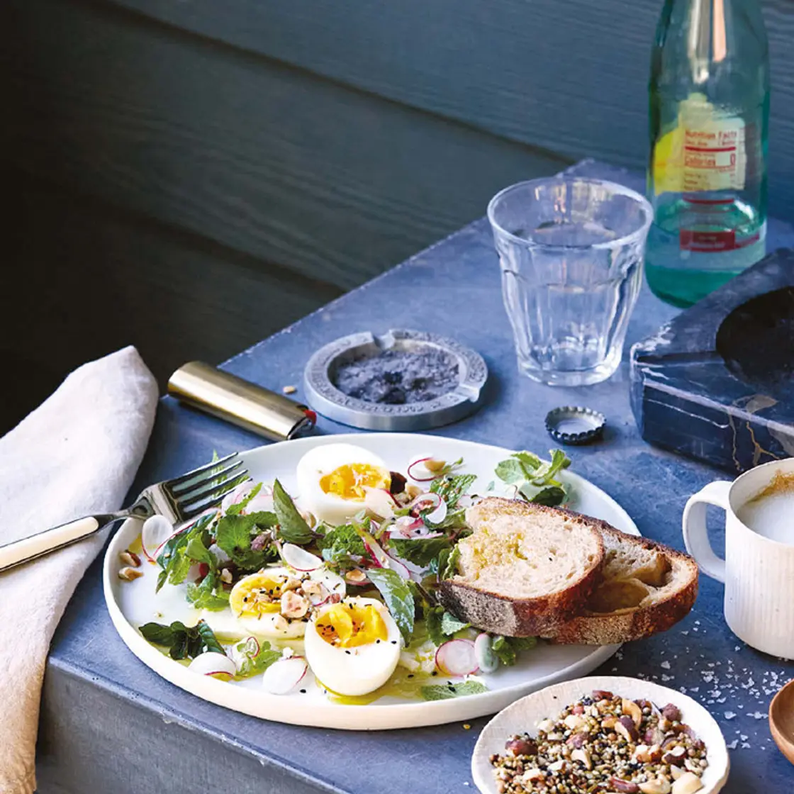 shaved radish breakfast salad with jammy eggs and dukkah