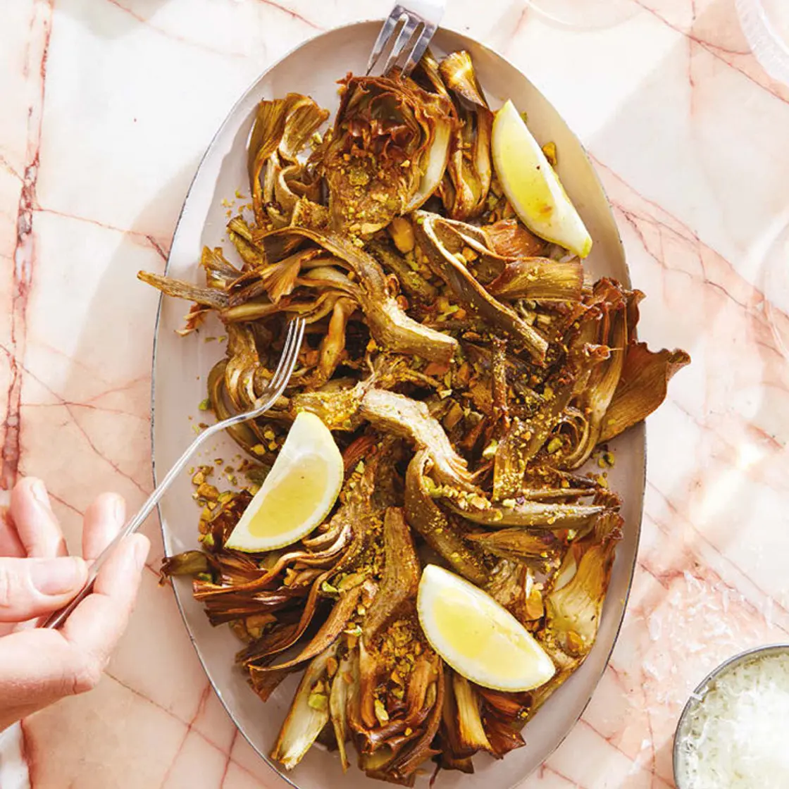 fried artichokes with lemon and pistachios