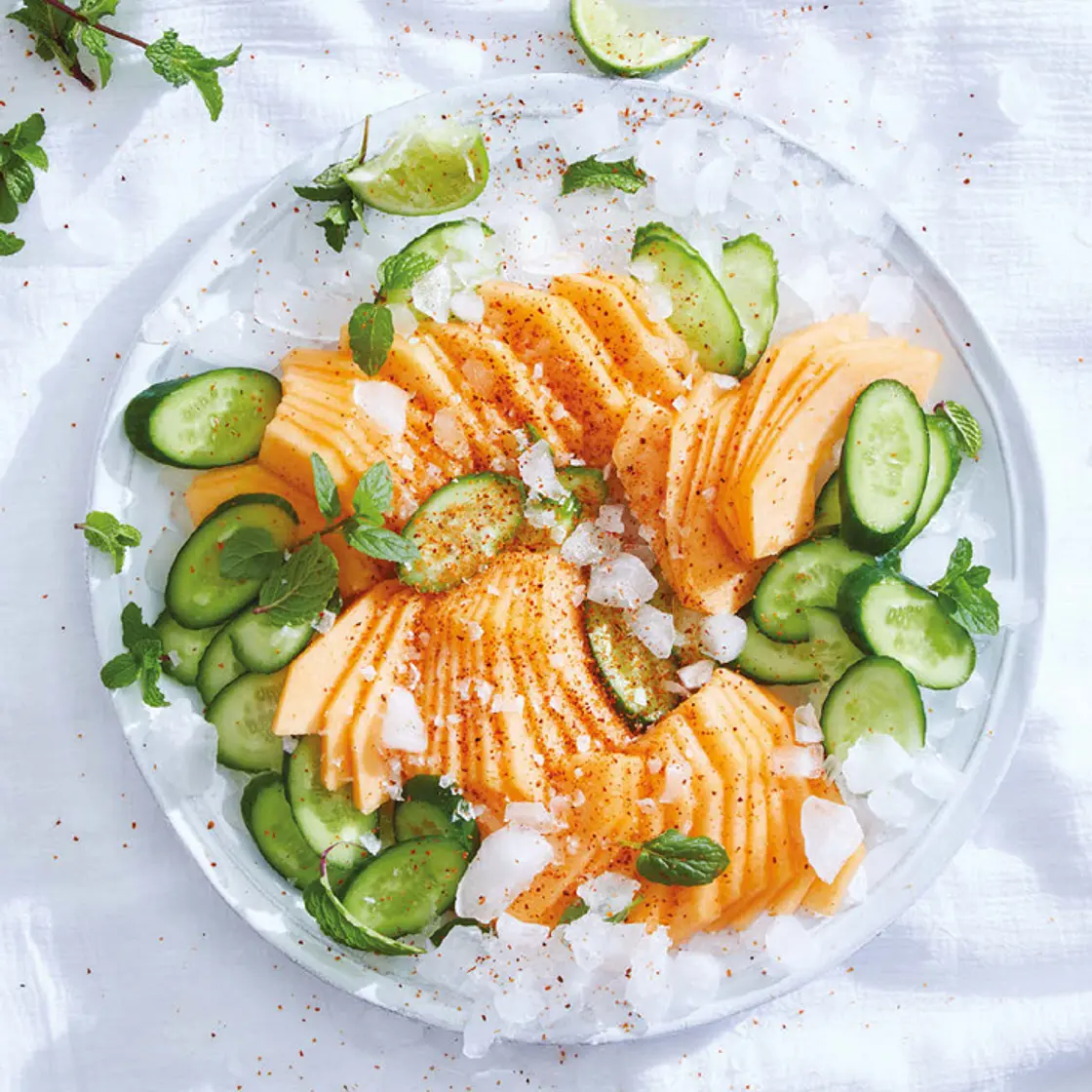 cantaloupe, cucumbers, lime, and mint