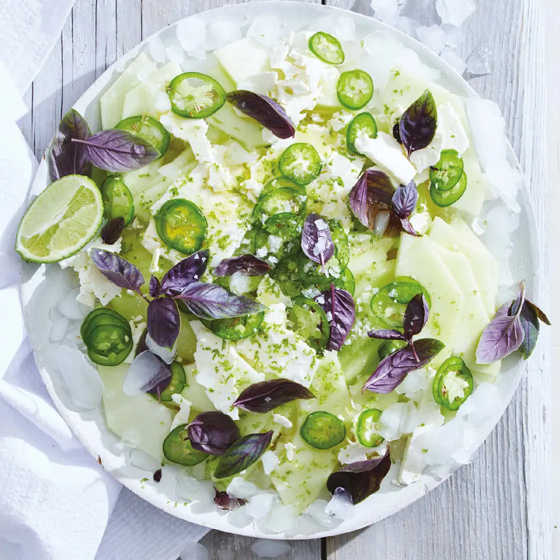 honeydew, feta, jalapeños, and lime