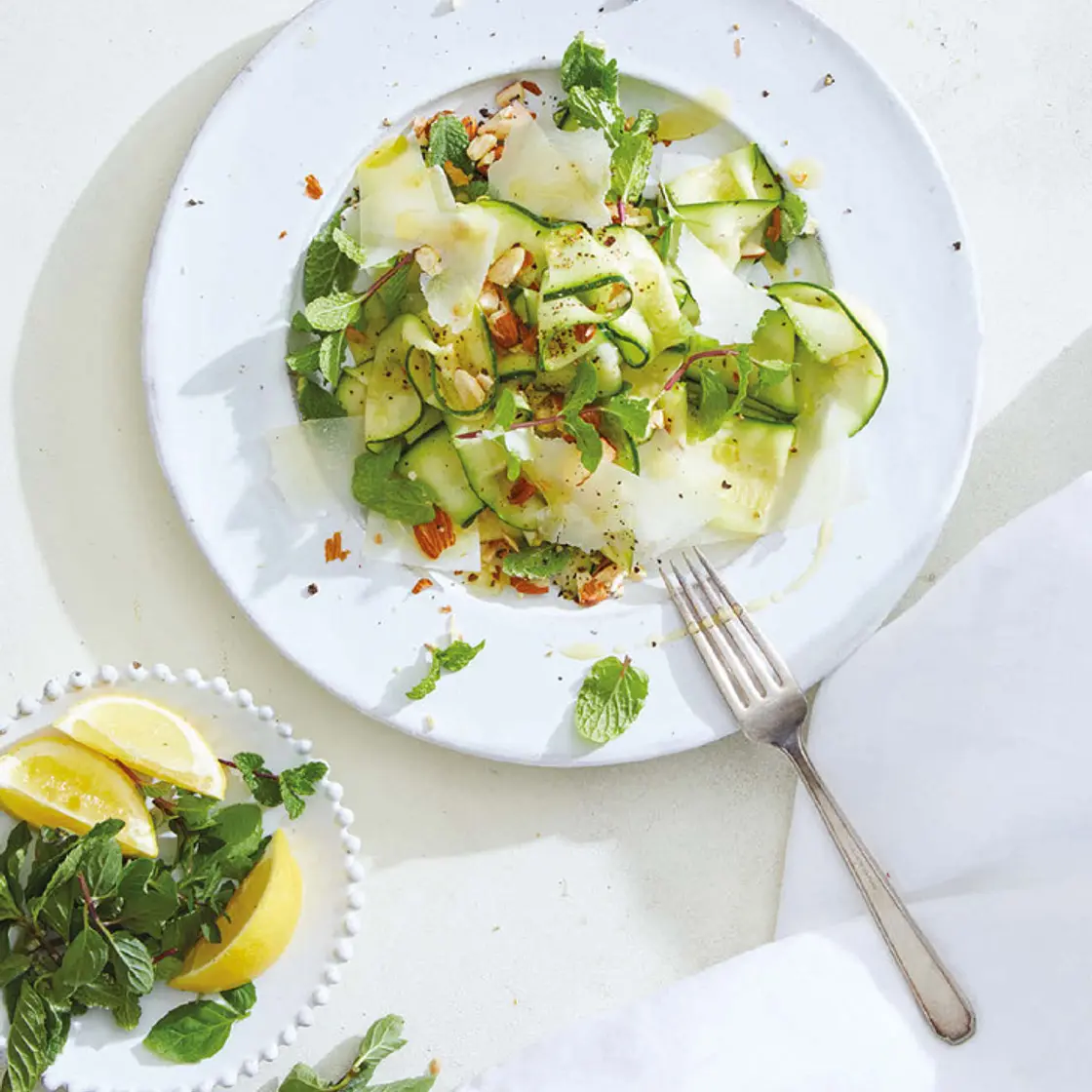 zucchini ribbons with pecorino, mint, and almonds