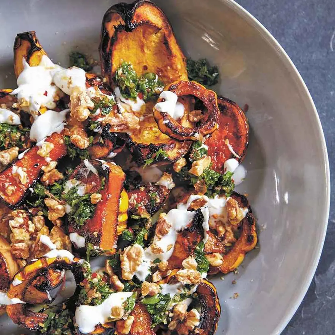 Roasted Squash with Yogurt, Walnuts, and Spiced Green Sauce