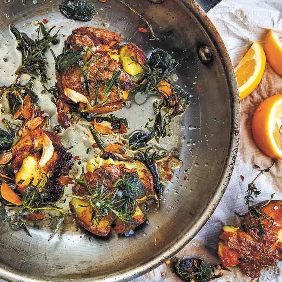 Crushed and Fried Potatoes with Crispy Herbs and Garlic