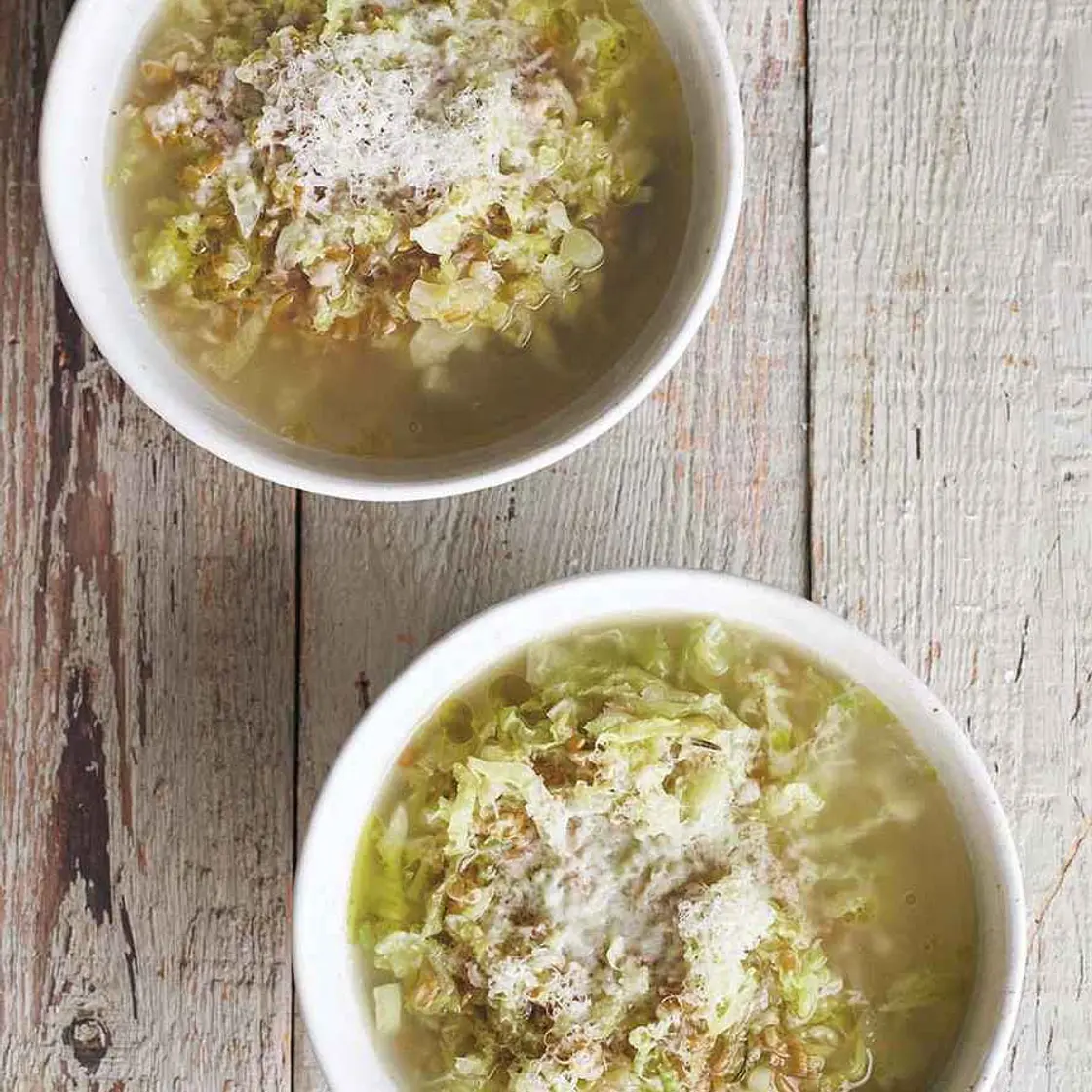 Comforting Cabbage, Onion, and Farro Soup