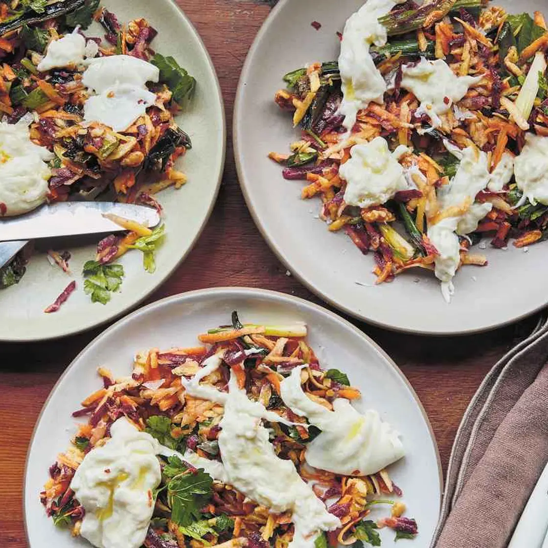 Grated Carrot Salad with Grilled Scallions, Walnuts, and Burrata