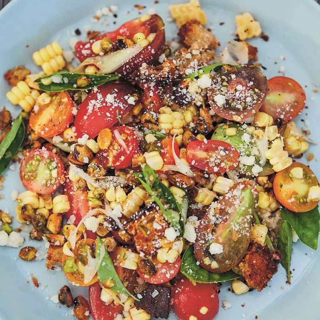 Corn and Tomato Salad with Torn Croutons