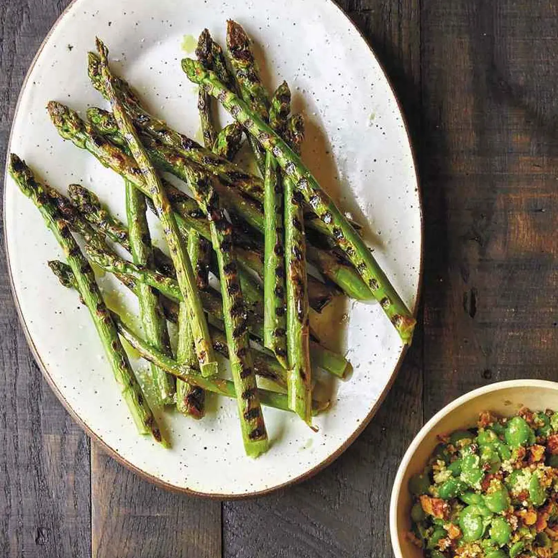 Grilled Asparagus with Fava Beans and Walnuts