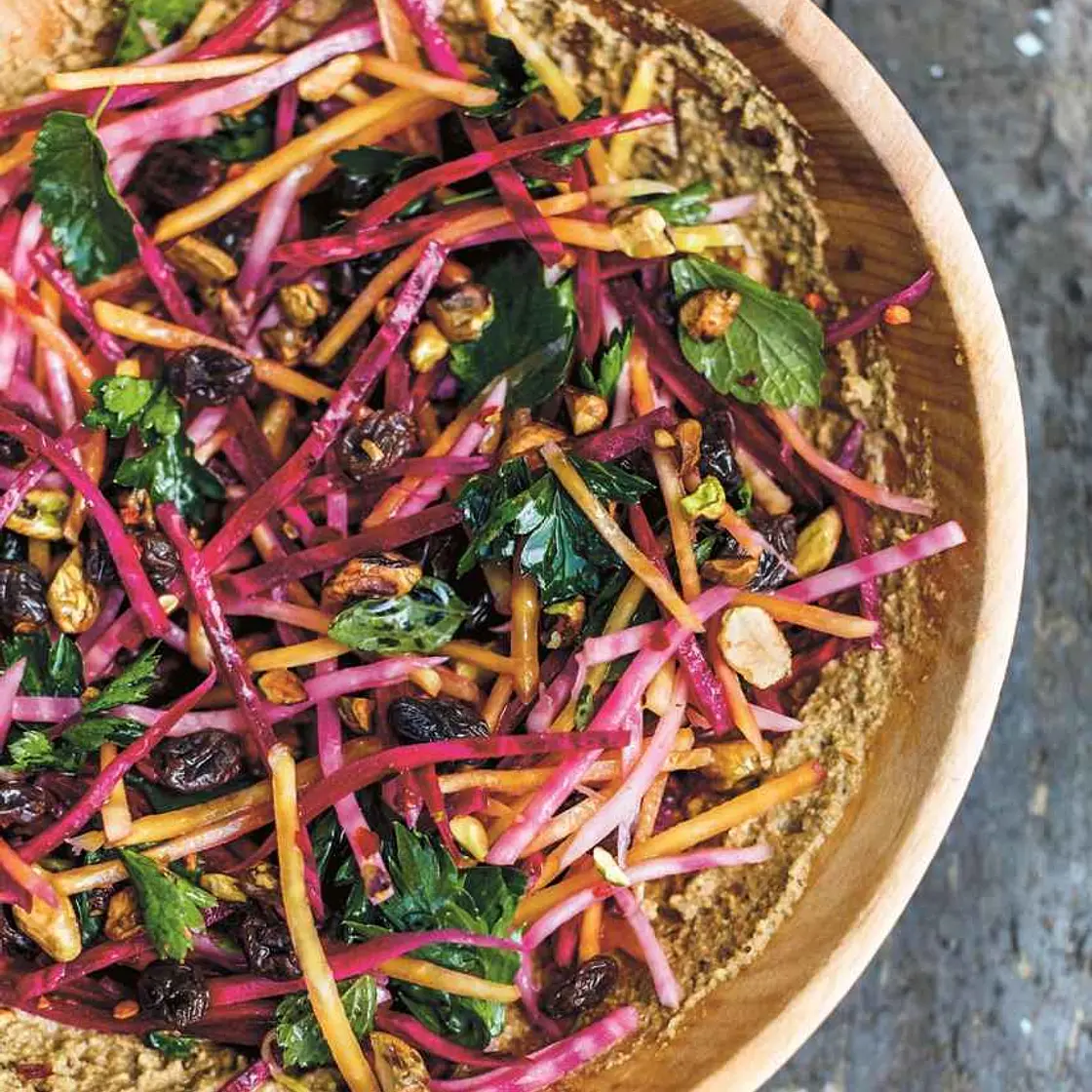 Beet Slaw with Pistachios and Raisins