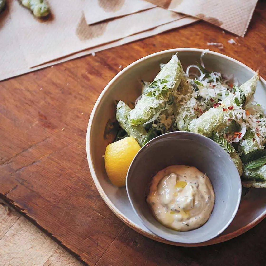 Crispy Sugar Snap Peas with Tonnato and Lemon