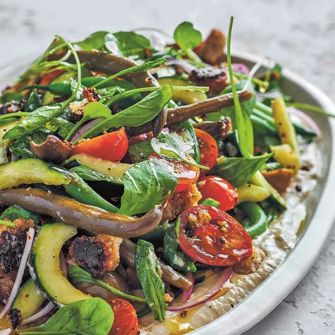String Beans, Pickled Beans, Tomatoes, Cucumbers, and Olives on Tonnato