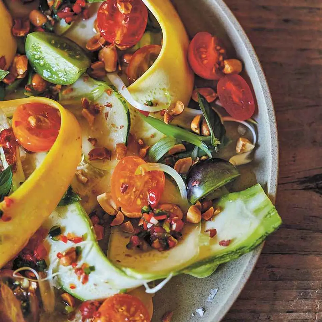 Squash Ribbons with Tomatoes, Peanuts, Basil, Mint, and Spicy Fish-Sauce Sauce