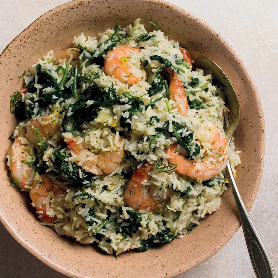 Greek-Style Spinach R ice with Shrimp and Dill