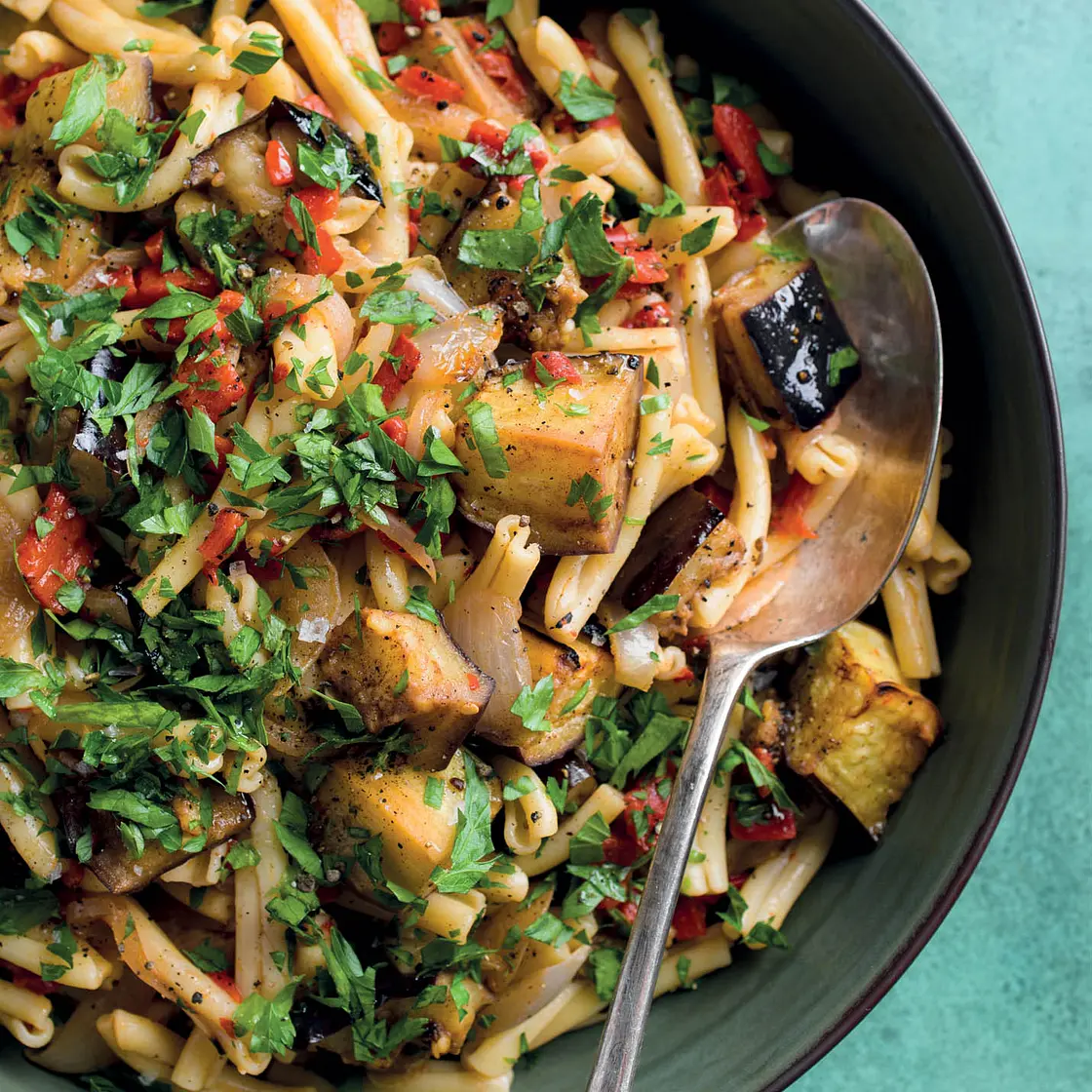 Pasta with Spiced Eggplant and Roasted Peppers