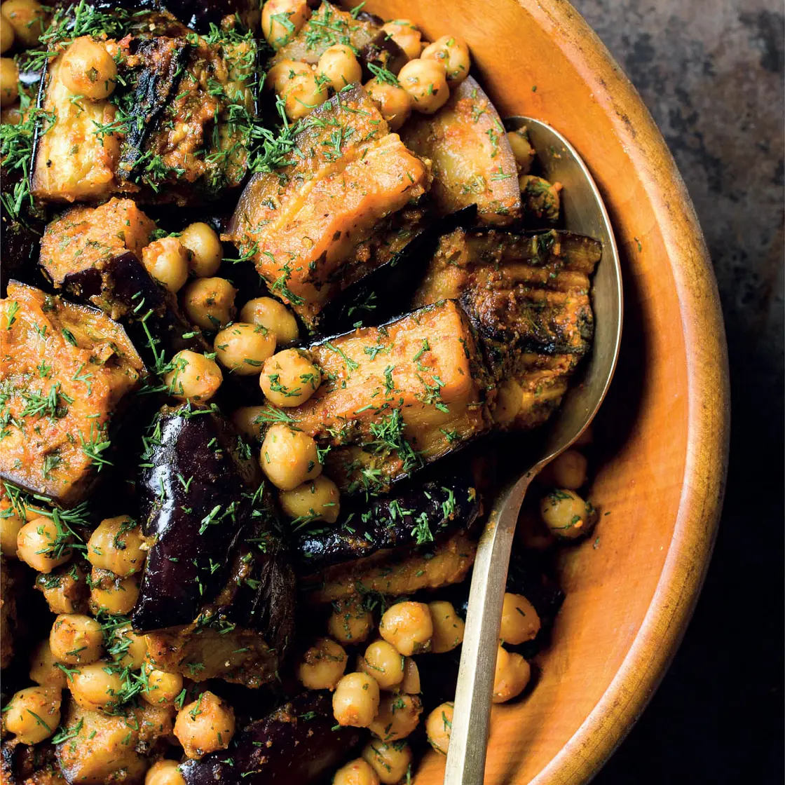 Spicy Egyptian Eggplant with Chickpeas and Herbs