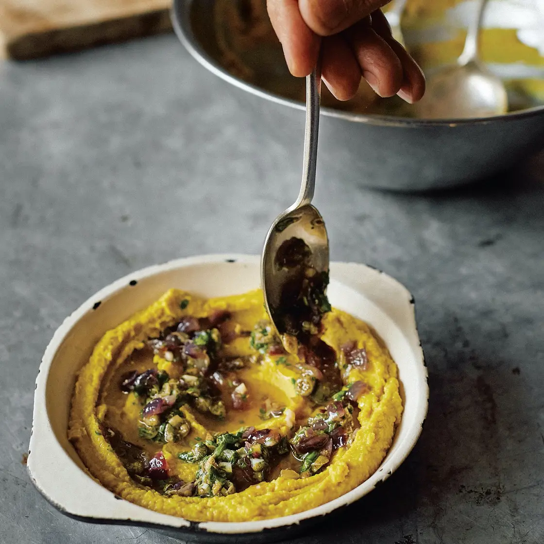 Yellow split pea purée with buttered onions and caper sauce
