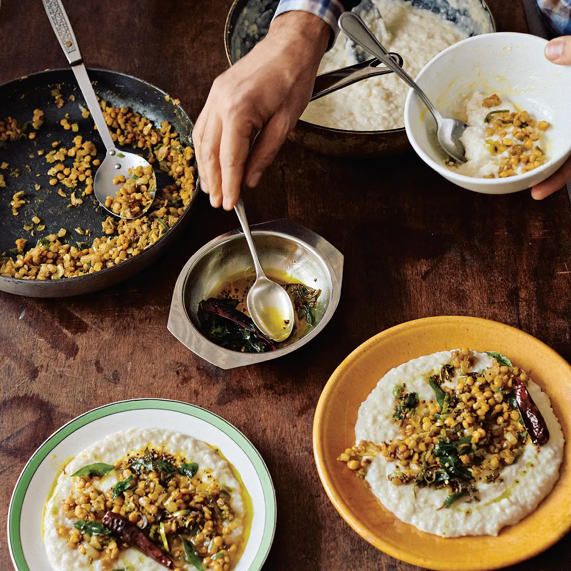 Yogurt rice with chana dal and curry leaf oil