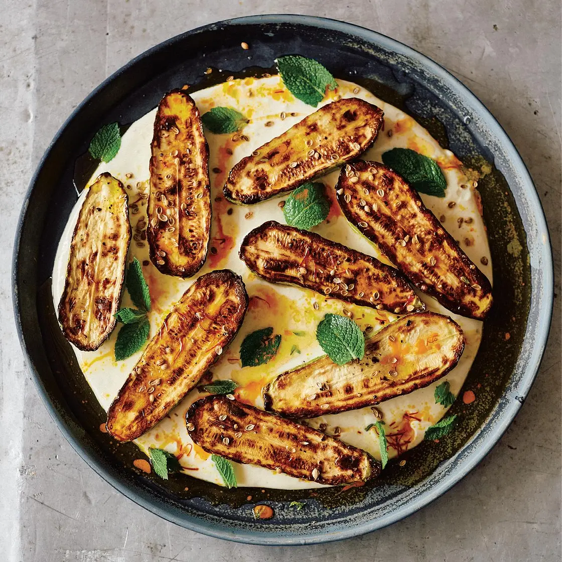 Charred zucchini with warm yogurt and saffron butter
