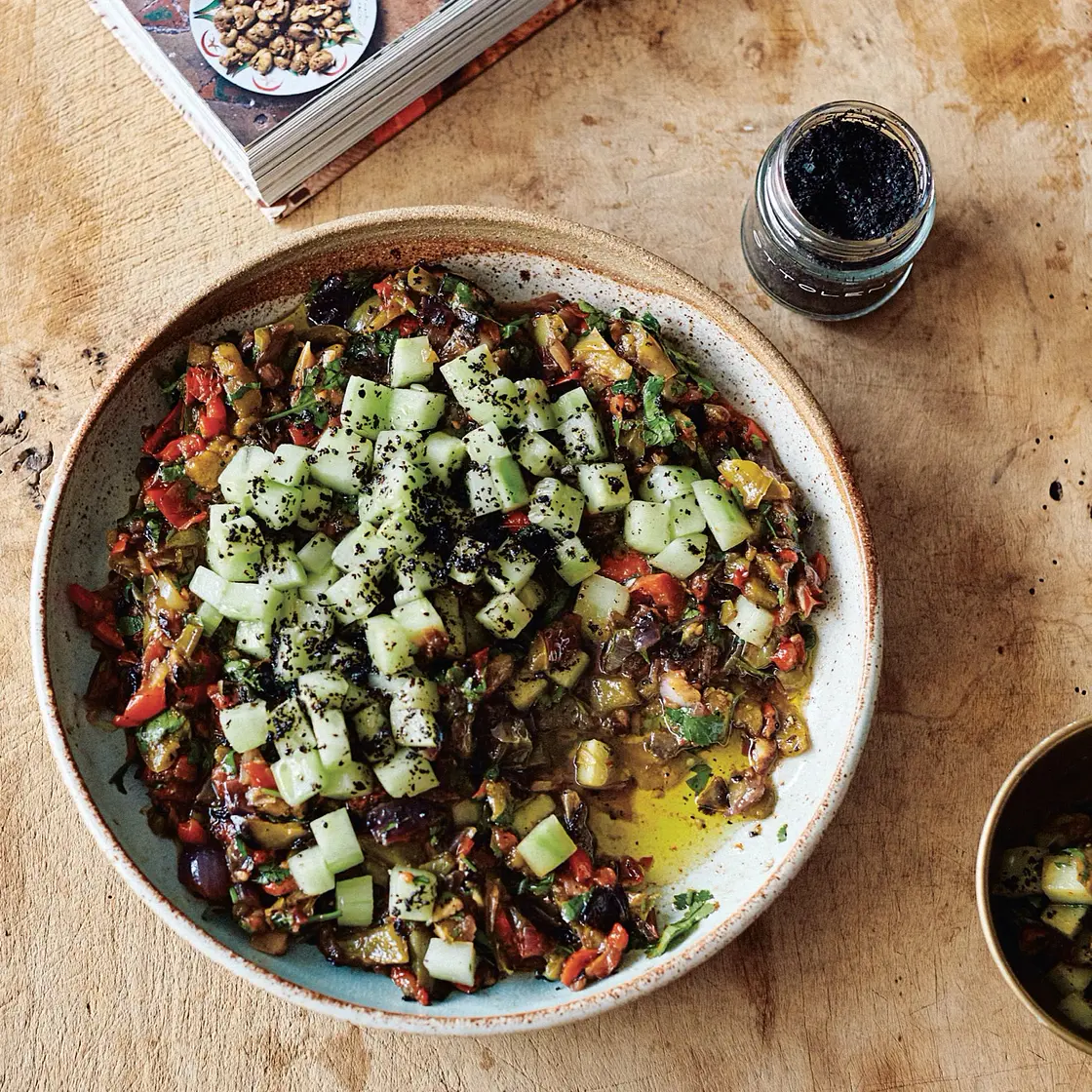Roasted pepper salad with cucumber and herbs