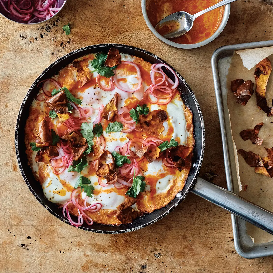 Sweet potato shakshuka with sriracha butter and pickled onions