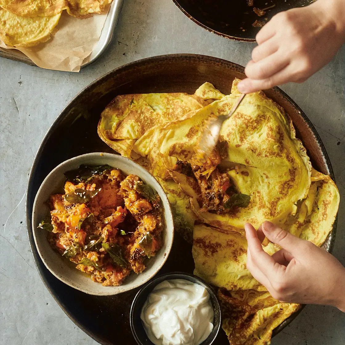 Spiced butternut mash with pancake omelettes (pomlettes)