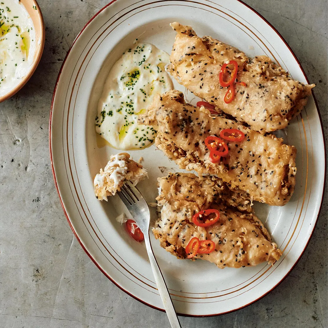 Buckwheat-battered fish with toum and pickled chiles