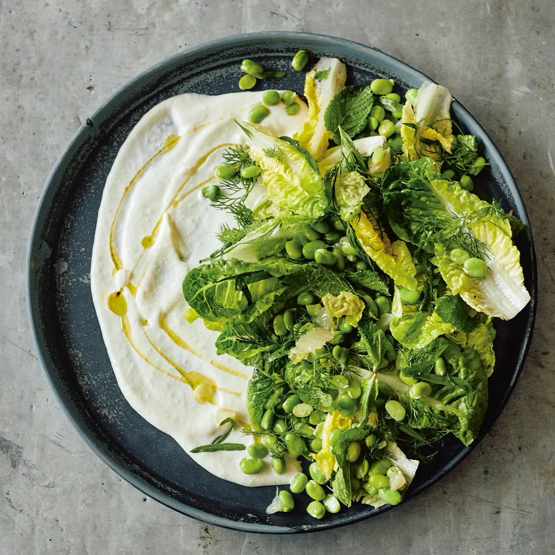 Fava bean and herb salad with toum