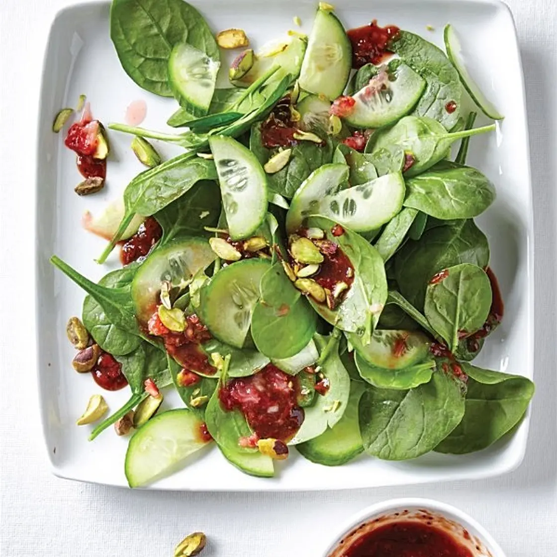 PISTACHIO-SPINACH SALAD WITH STRAWBERRY BALSAMIC DRESSING