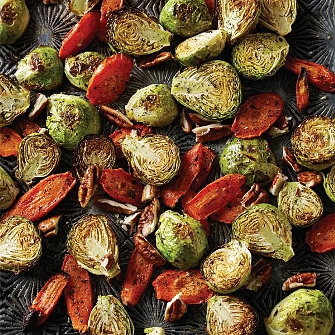 LEMON-ROASTED BRUSSELS SPROUTS & CARROTS WITH PECANS