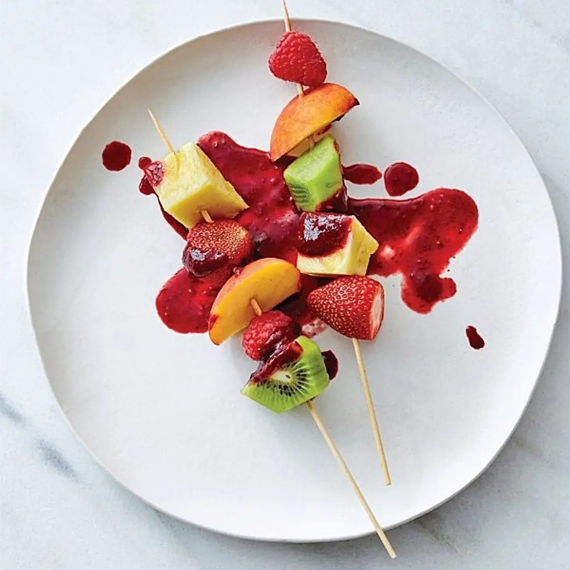 FRESH FRUIT SKEWERS WITH BLACKBERRY COULIS