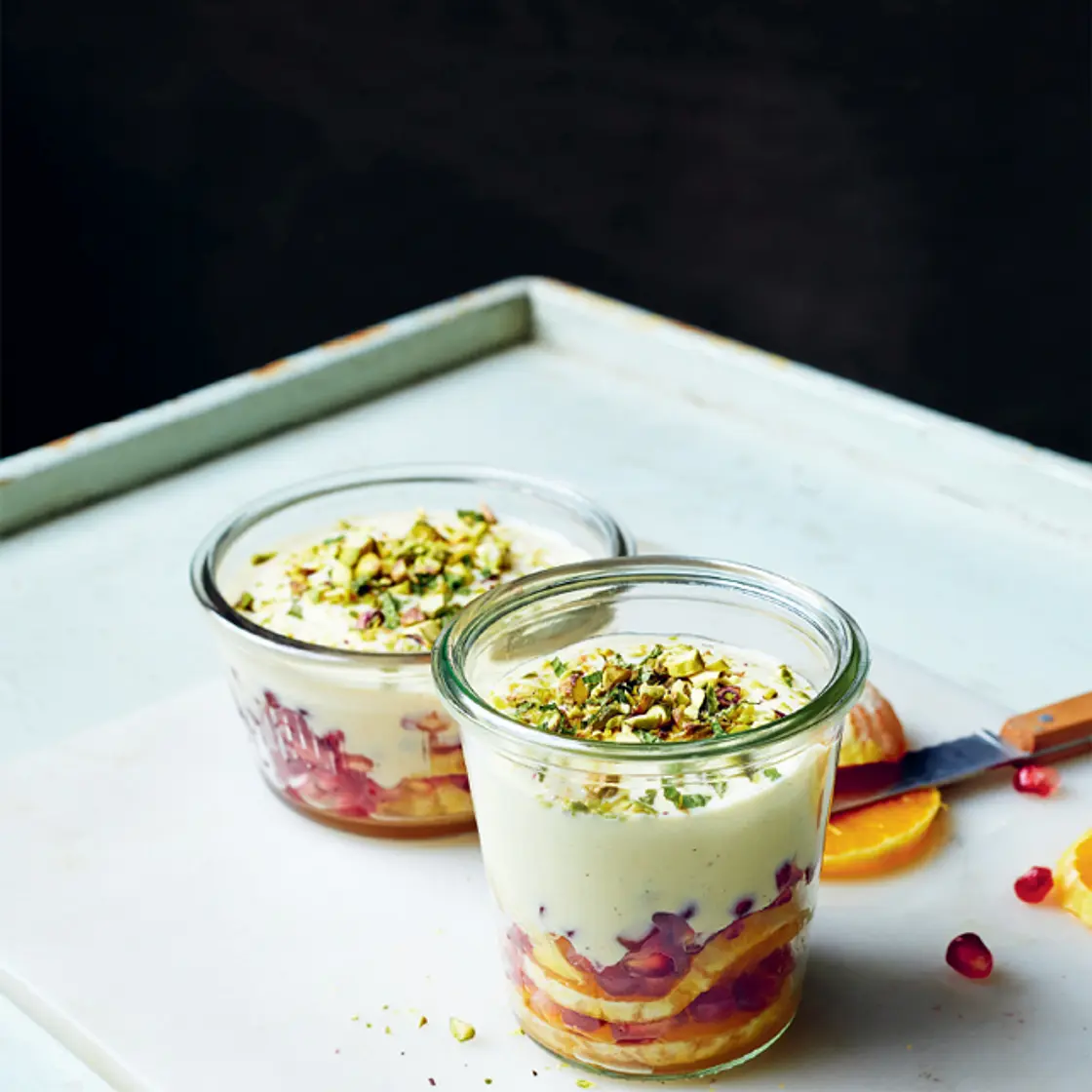 Pomegranate, orange and pistachio parfait