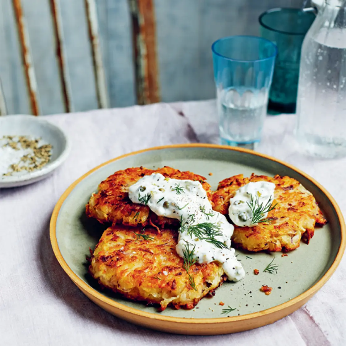 Potato latkes with deli pickle mayo