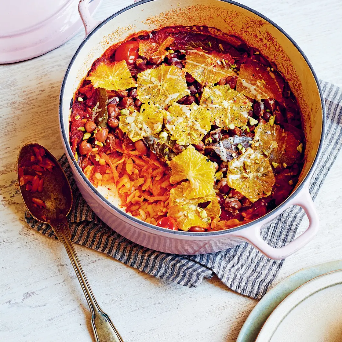 Borlotti, blood orange and orzo with cinnamon
