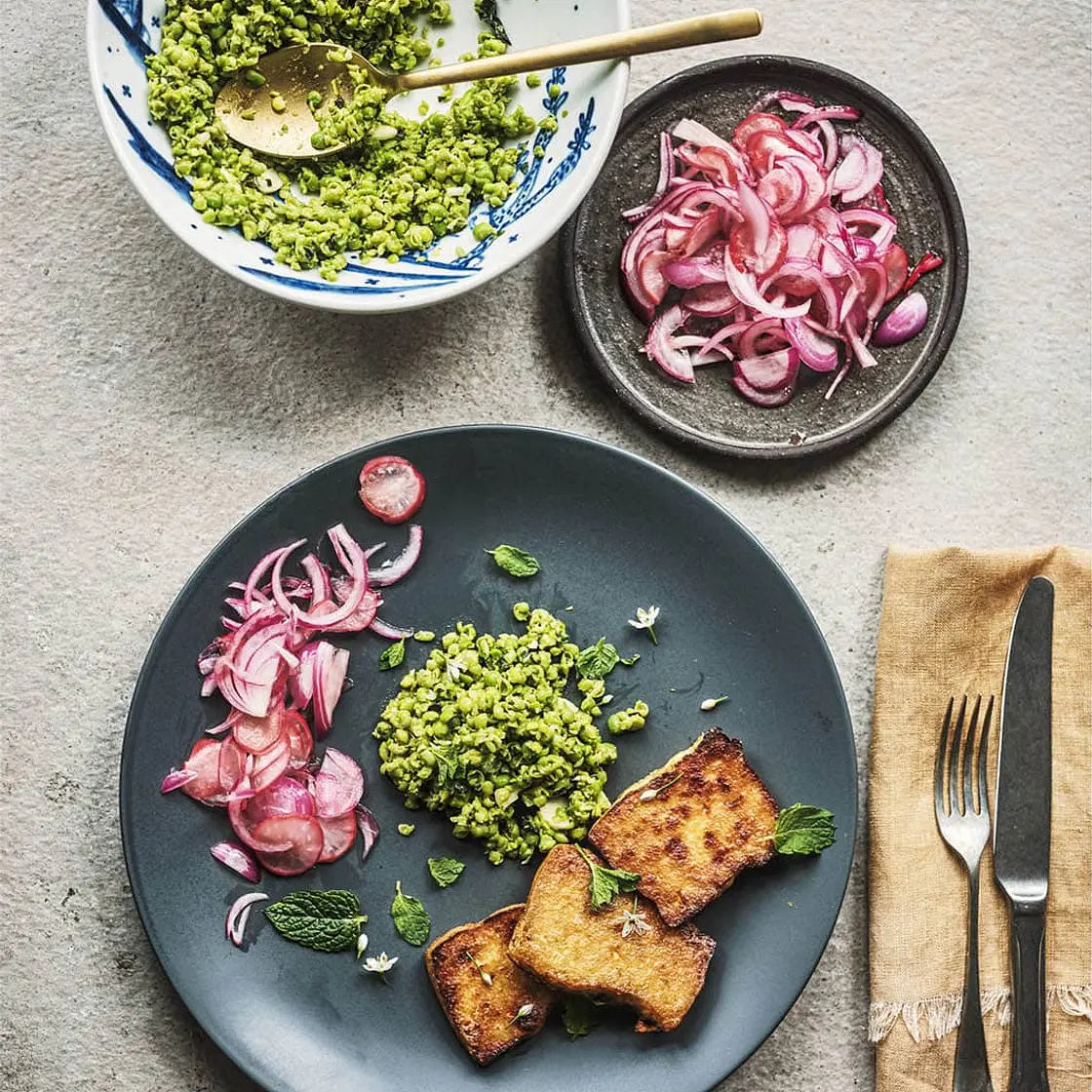 Tofu with minty peas + pickles