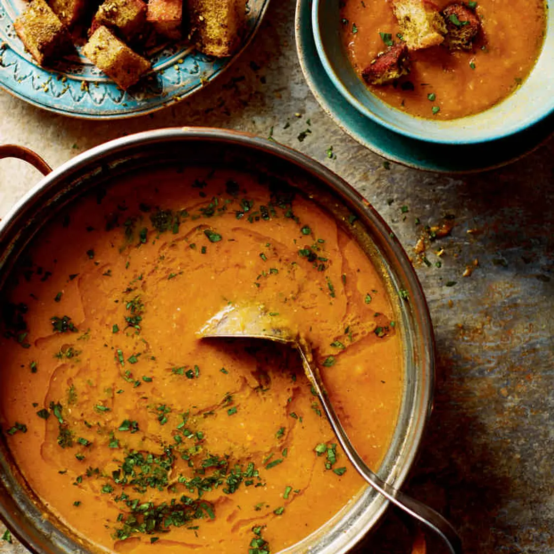 Red lentil and squash soup with za’atar croutons