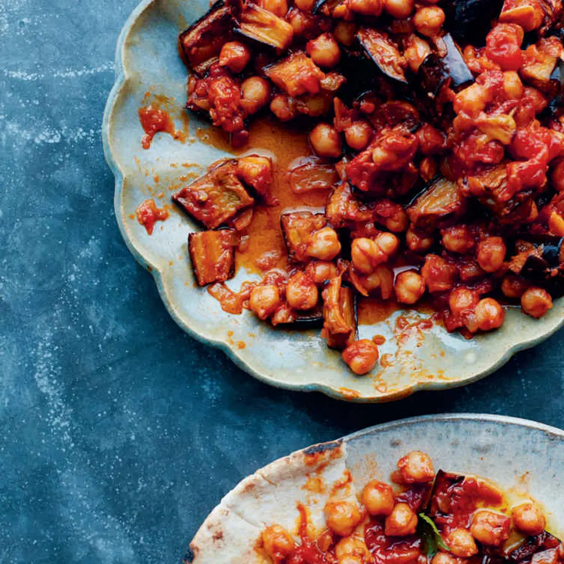 Roast aubergines with spiced chickpeas and tomatoes