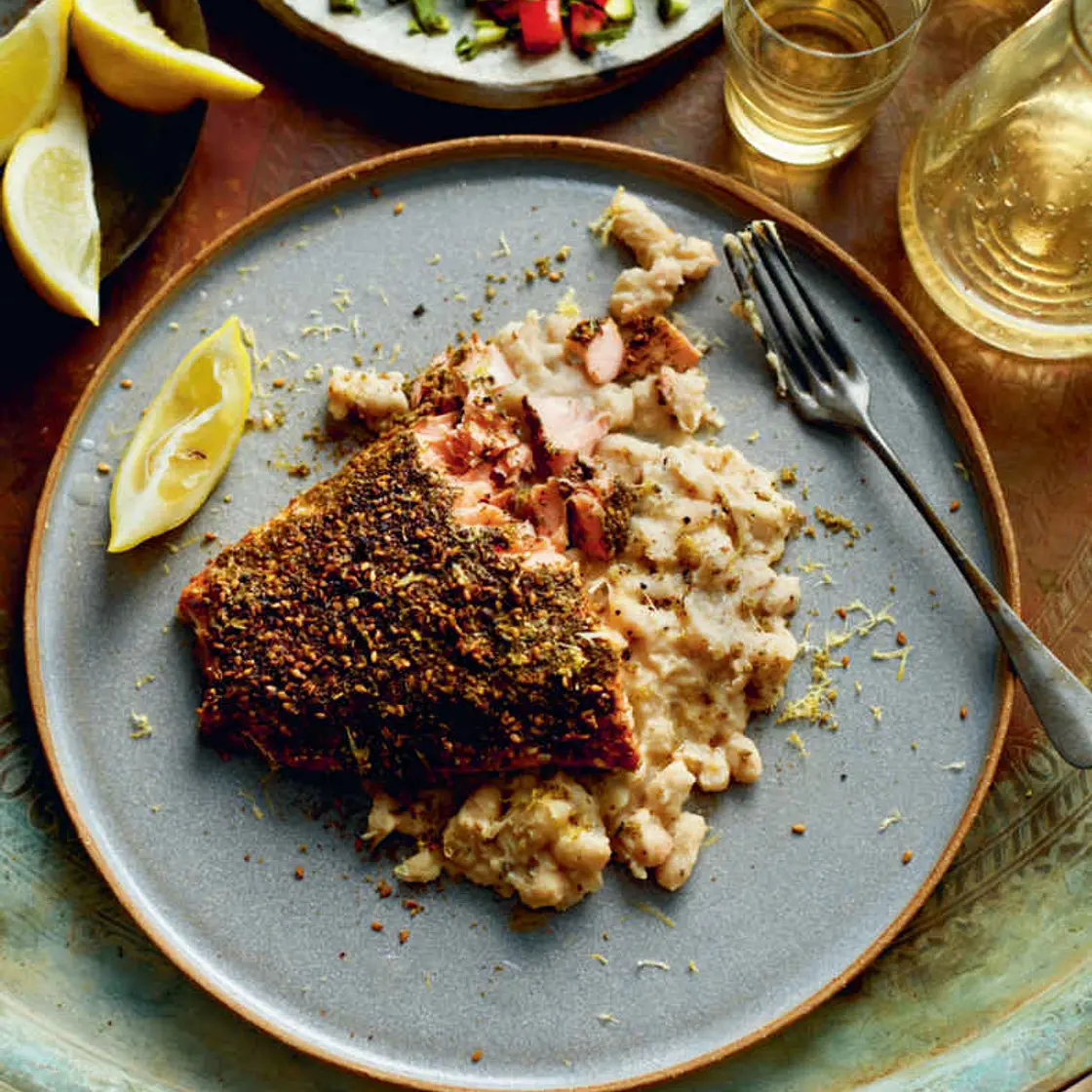Za’atar roast salmon with garlicky bean mash