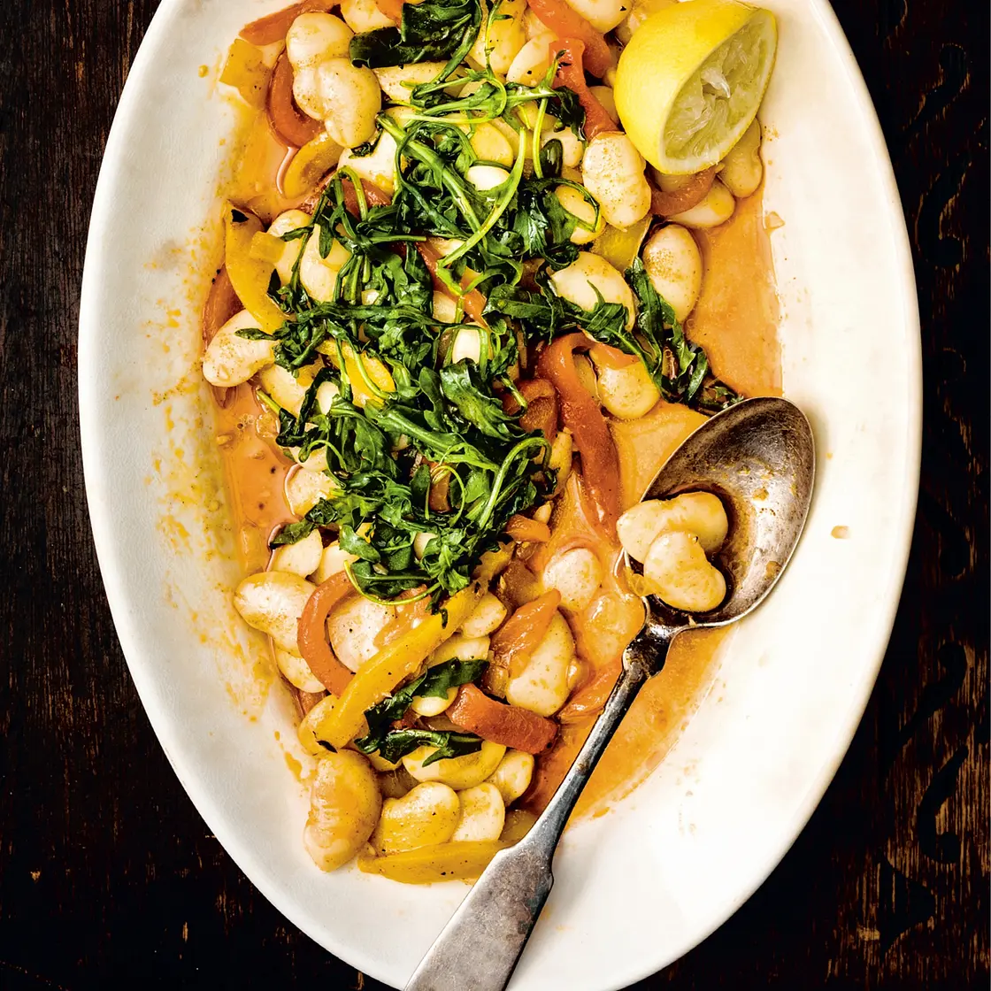 warm butter bean salad with roasted bell peppers wilted arugula