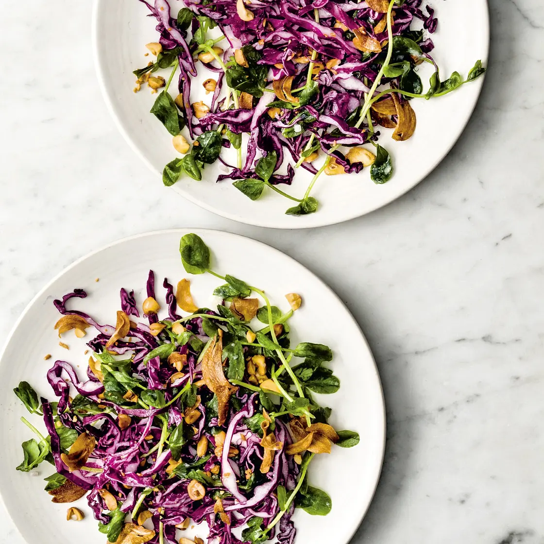 pea shoot and peanut salad red cabbage
