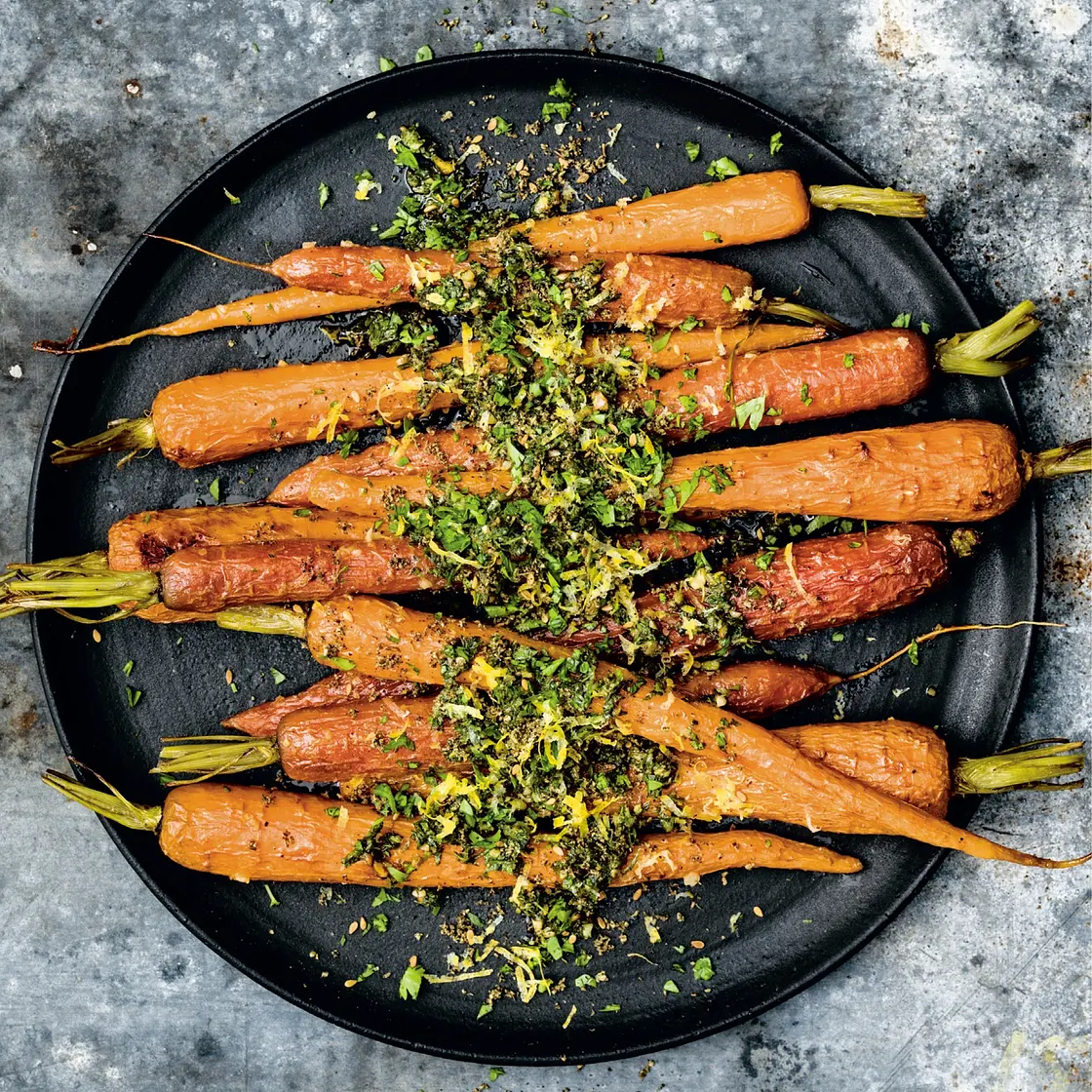 oven-roasted carrots with carrot top— walnut pesto