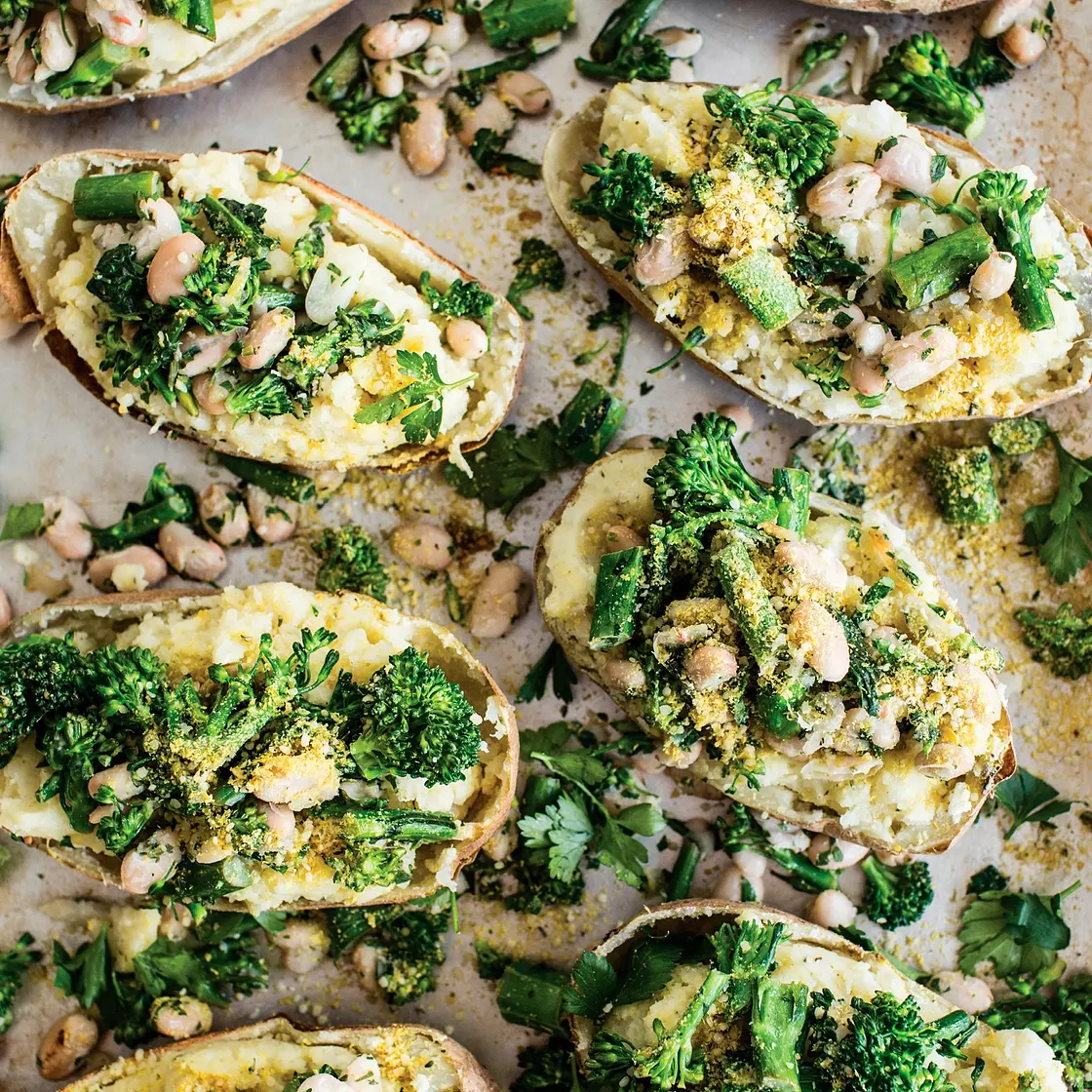 BAKED POTATOES WITH LEMON GARLIC BROCCOLINI AND WHITE BEANS