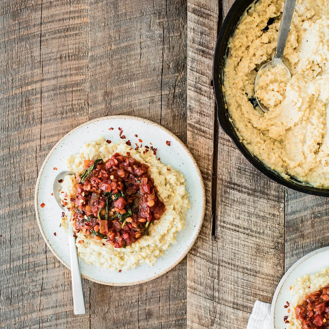 BAKED MILLET POLENTA WITH SPICY RED LENTIL MARINARA