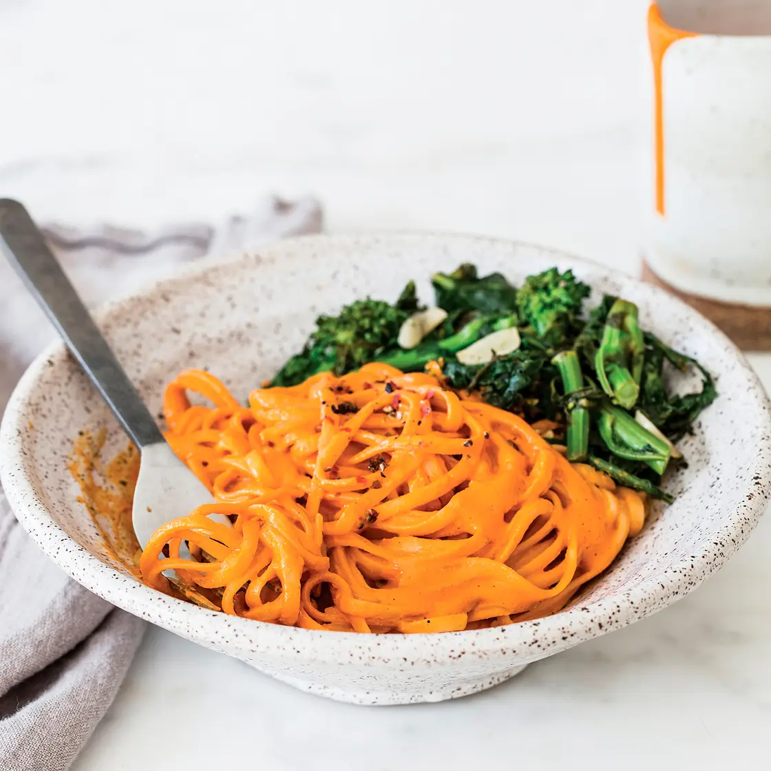 PASTA AND BROCCOLI RABE WITH CREAMY ROASTED RED PEPPER SAUCE