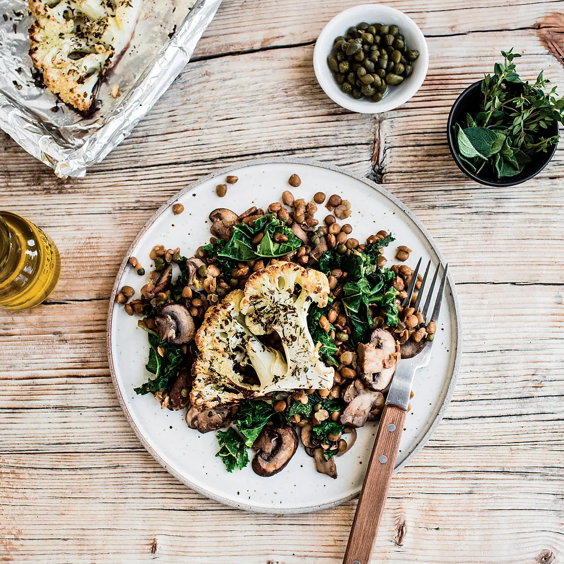 HERBED CAULIFLOWER STEAKS WITH LEMON CAPER LENTILS