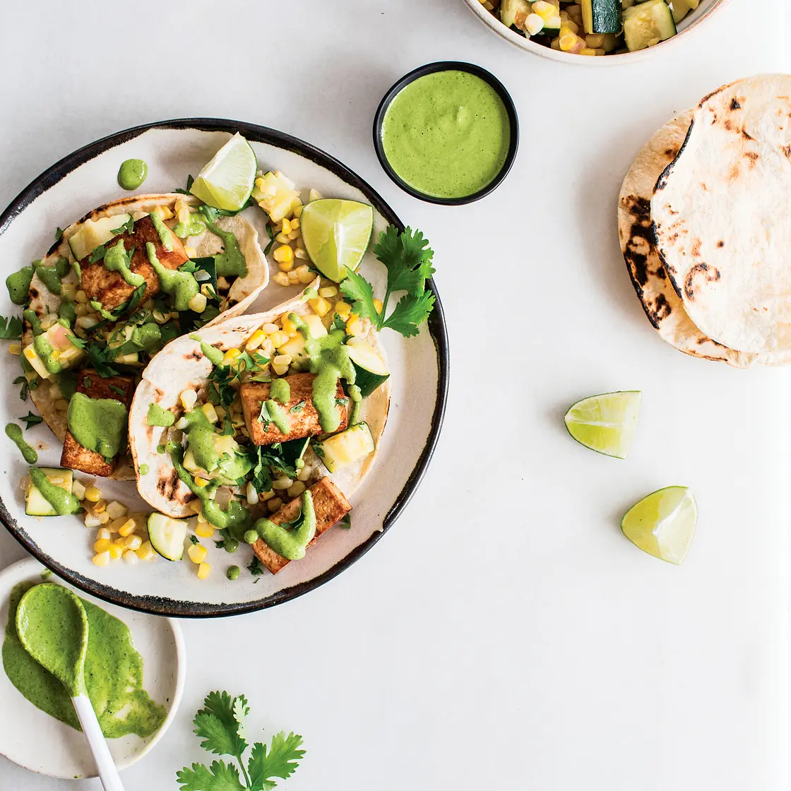 ROASTED ZUCCHINI TACOS WITH CORN AND TOFU