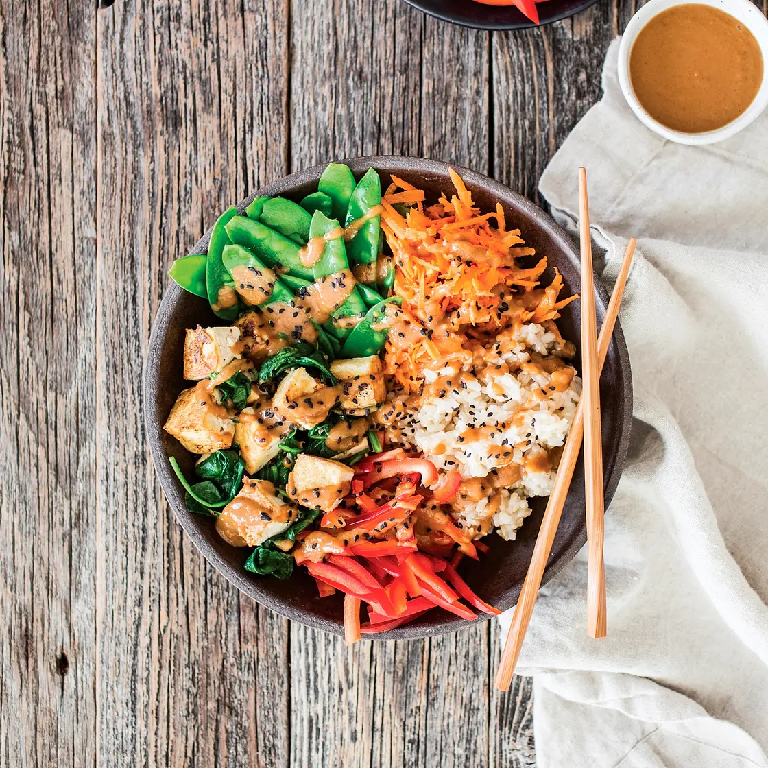 WARM TOFU CHOP SALAD WITH PEANUT DRESSING