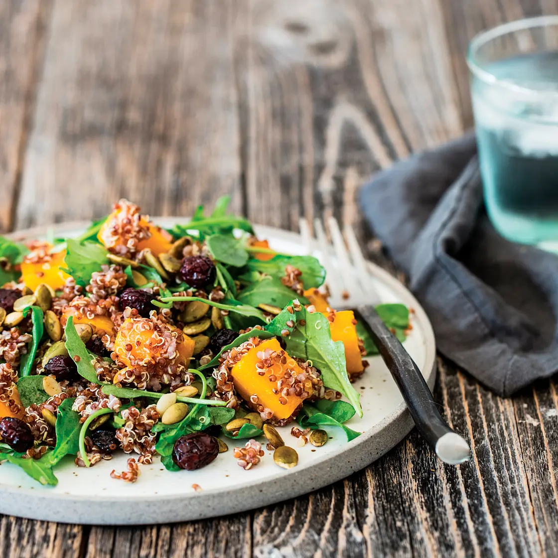 BUTTERNUT SQUASH SALAD WITH RED QUINOA AND PUMPKIN SEEDS