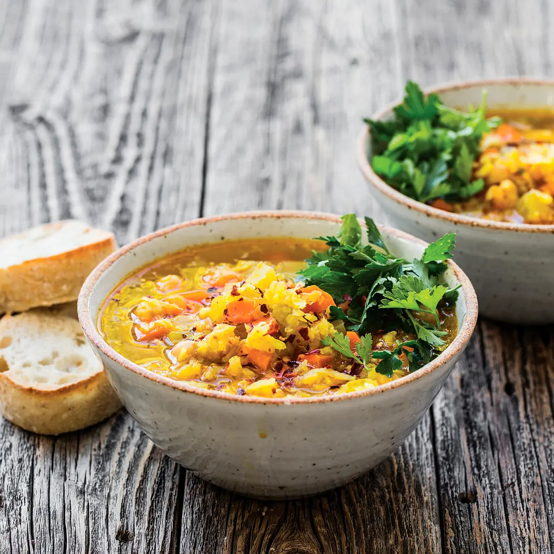 SPICY CABBAGE SOUP WITH RICE AND CHICKPEAS